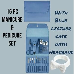 16 Piece Blue Leather Manicure & Pedicure Set With Headband